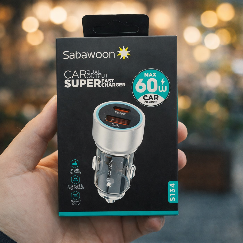 Sabawoon S134 60W Original Car Charger Adapter – PD + USB Dual Port